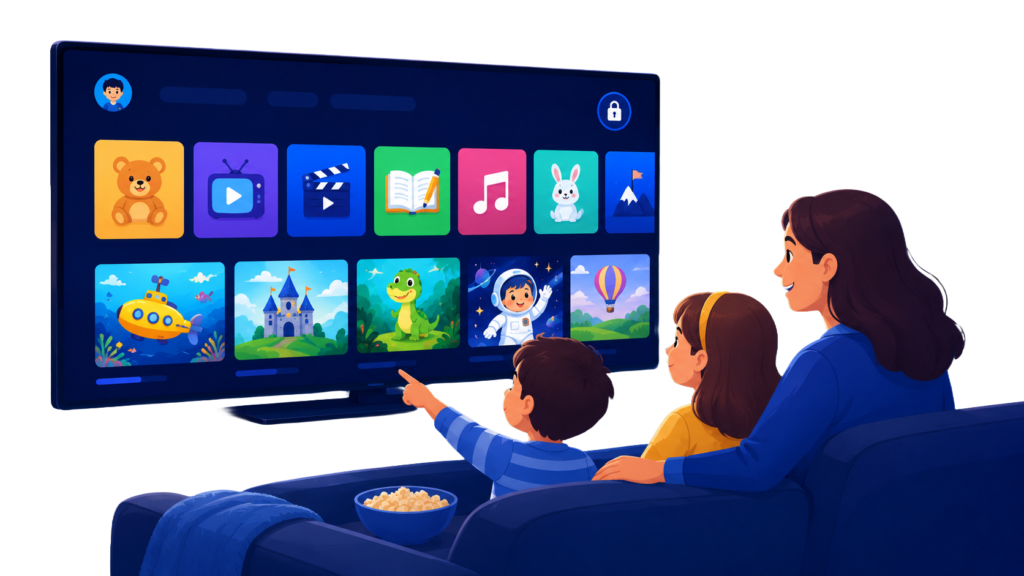 Familj som tittar på barnvänlig IPTV på Smart TV.